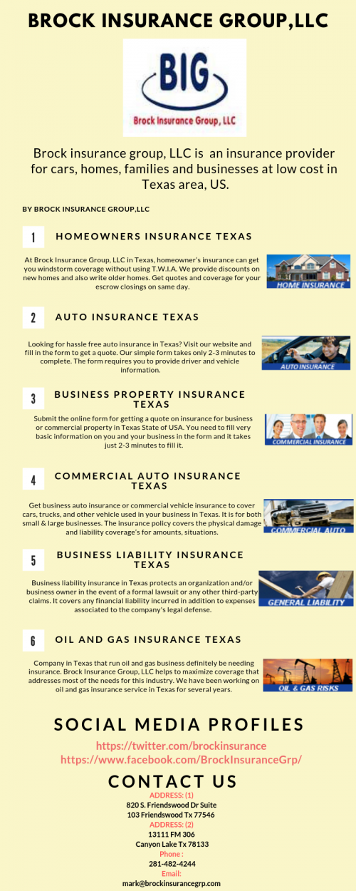 Company in Texas that run oil and gas business definitely be needing insurance. Brock Insurance Group, LLC helps to maximize coverage that addresses most of the needs for this industry. We have been working on oil and gas insurance service in Texas for several years. Visit our website today & fill up the form online to get a quote. Visit,https://bit.ly/2EO8h6n
