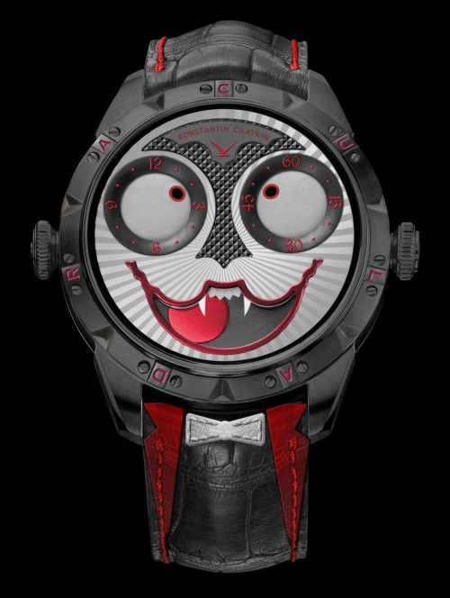 At first with an haute horlogerie version made in conjunction with independent watchmaker Svend Andersen called the Joker Automaton and later by giving the Joker new personalities The latest in this line arrives just in time for Halloween: a horological Dracula! Housed in a 42 x 14.2 mm blackened stainless steel case and featuring the grinning dial-face we have come to love in contrasting black, white, and red colors, the Joker featuring a googly-eyed time display.