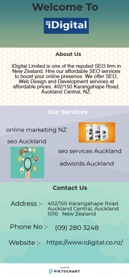 iDigital Limited is a prominent and reliable internet online marketing and digital marketing agency based in Auckland, New Zealand. We offer a variety of different internet marketing services to satisfy a diverse collection of client needs. We deliver a personal, passionate & tailored service to all of our clients, big or small. Our approach to SEO or SEM is to work with you to understand your business and what you are advertising, then anticipate the intent of your customers and search engines. Visit us at https://www.idigital.co.nz