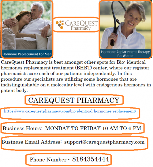 CareQuest Pharmacy is best amongst other spots for Bio- identical hormones replacement treatment (BHRT) center, where our register pharmacists care each of our patients independently. In this procedure our specialists are utilizing some hormones that are indistinguishable on a molecular level with endogenous hormones in patent body.
https://www.carequestpharmacy.com/bio-identical-hormones-replacement/