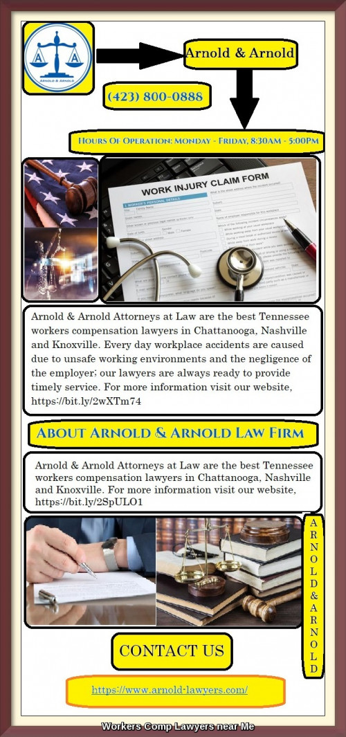 Arnold & Arnold Attorneys at Law are the best Tennessee workers compensation lawyers in Chattanooga, Nashville and Knoxville. Every day workplace accidents are caused due to unsafe working environments and the negligence of the employer; our lawyers are always ready to provide timely service. For more information visit our website,https://bit.ly/2wXTm74