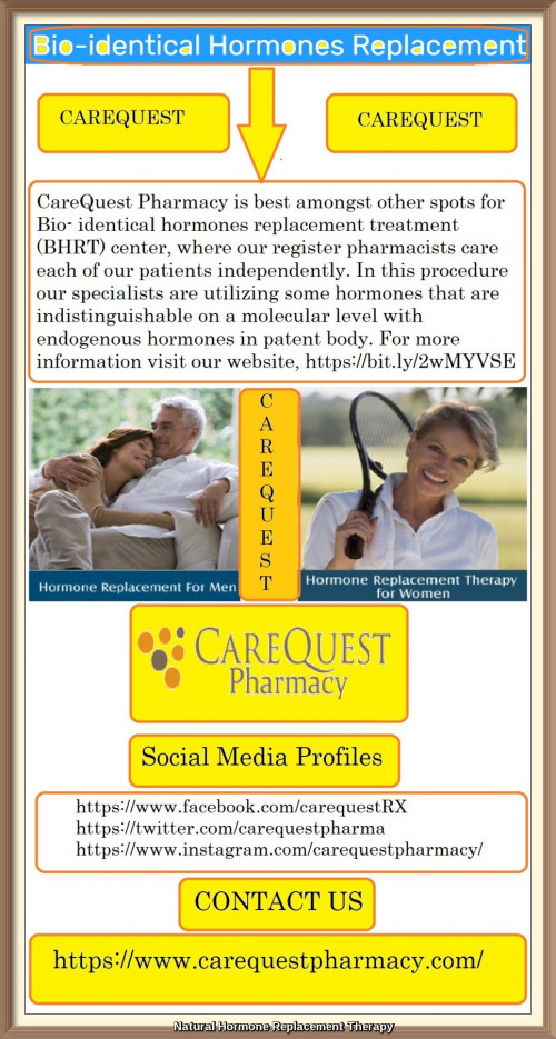 CareQuest Pharmacy is best amongst other spots for Bio- identical hormones replacement treatment (BHRT) center, where our register pharmacists care each of our patients independently. In this procedure our specialists are utilizing some hormones that are indistinguishable on a molecular level with endogenous hormones in patent body.
https://bit.ly/2wMYVSE