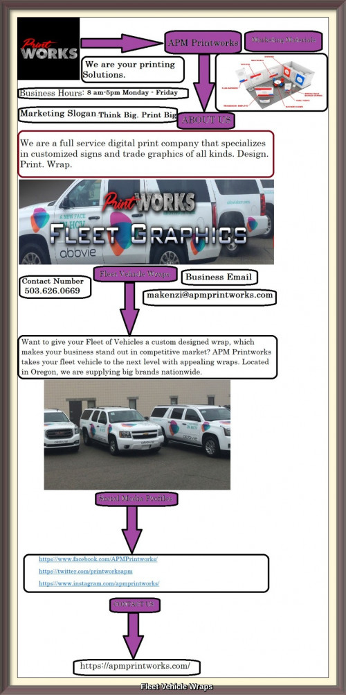 Want to give your Fleet of Vehicles a custom designed wrap, which makes your business stand out in competitive market? APM Printworks takes your fleet vehicle to the next level with appealing wraps. Located in Oregon, we are supplying big brands nationwide.
https://apmprintworks.com/fleet-graphics/