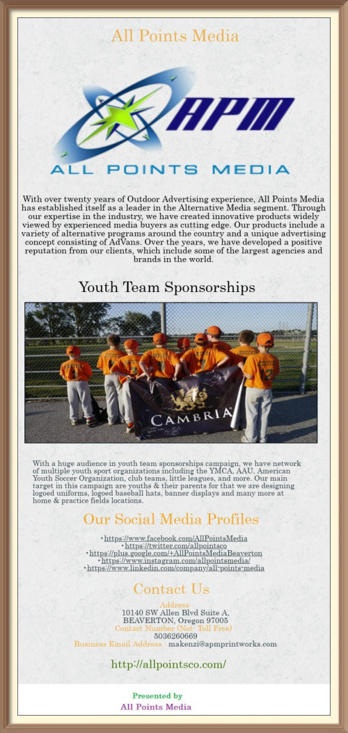 With a huge audience in youth team sponsorships campaign, we have network of multiple youth sport organizations including the YMCA, AAU, American Youth Soccer Organization, club teams, little leagues, and more.Visit,https://bit.ly/2JEQwqj