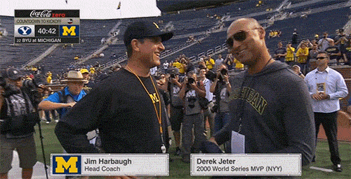 jim harbaugh coughs into his hand then shakes derek jeters