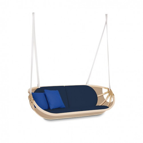 The three partners behind Atelier Oï found inspiration in a vintage collapsible boat that they use on lake Biel in Switzerland to design their Swing Boat for the Objets Nomades collection This inventive hanging sofa calls upon Louis Vuitton's virtuosity in all of the trunk-maker's materials: leather for the pads, wood and fabric for the "Hull" metal for the hinges Gently swaying, as though rocked by the waves, this seat is the cradle of daydreams.