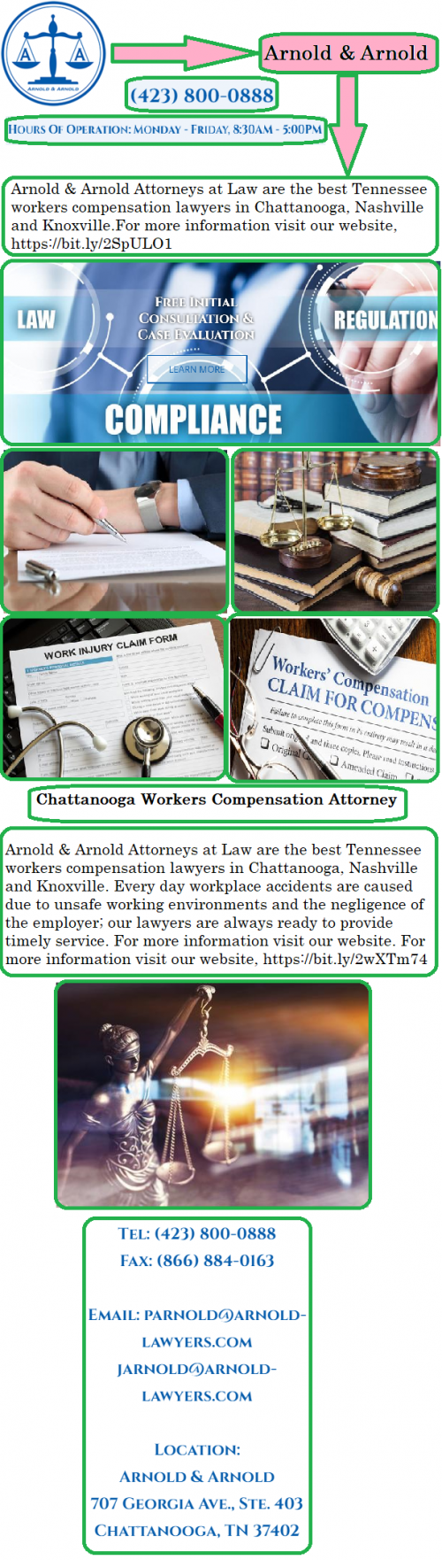 Arnold & Arnold Attorneys at Law are the best Tennessee workers compensation lawyers in Chattanooga, Nashville and Knoxville. Every day workplace accidents are caused due to unsafe working environments and the negligence of the employer; our lawyers are always ready to provide timely service. For more information visit our website. For more information visit our website,https://bit.ly/2wXTm74