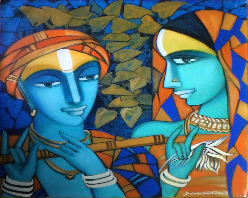 Artist painted the alluring Radha Krishna painting, where both composed the musical tune of love. More to know:https://www.indianartideas.in/artwork/6252