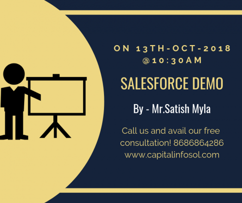 #salesforcedemo session By- #Satishmyla
@13th-OCT-2018 at 10:30AM 
https://bit.ly/2KwY2ST
#onlinetraining #corporatetraining #salesforcetraining #crmtraining #development #Integration #Lightningtraining #hyderabad #bangalore