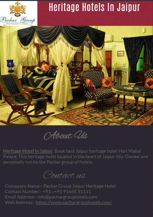 If you are looking Heritage Hotel in Jaipur then Book best Jaipur heritage hotel Hari Mahal Palace. This heritage hotel located in the heart of Jaipur city. Owned and personally run by the Pachar group of hotels. Visit  herehttps://my.visme.co/projects/8rymkdev-heritage-hotels-in-jaipur