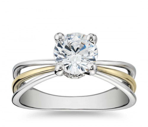 Truly Zac Posen Triple Band Solitaire Diamond Engagement Ring in 14k White and Yellow Gold.