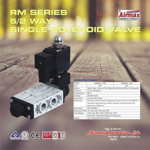 Airmax pneumatics is one of the prominent single solenoid valve manufacturer and exporter in India. We have a wide range of solenoid valves. visithttps://www.airmaxindia.com/products/pneumatic-directional-control-valve/rm-series/